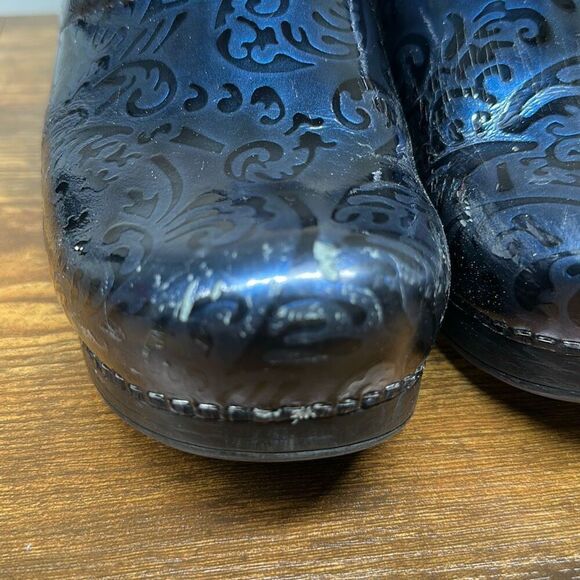 Dansko Womens Black Blue Leather Slipon mules Chunky Heel Clogs size 39 EU US - Picture 3 of 14